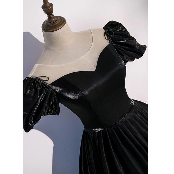 Vintage / Retro Black Satin Prom Dresses 2022 Ball Gown Scoop Neck Puffy Short Sleeve Backless Floor-Length / Long Formal Dresses