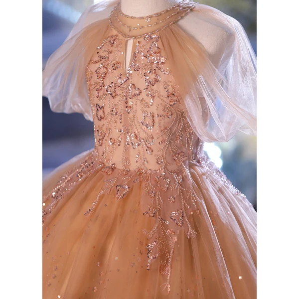 Chic / Beautiful Champagne Birthday Flower Girl Dresses 2022 Ball Gown High Neck Puffy Short Sleeve Beading Sequins Floor-Length / Long Flower Girl Dresses