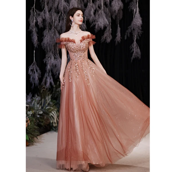 Charmant Watermelon Rouge Robe De Bal 2021 Princesse De l'épaule Perlage Paillettes Manches Courtes Dos Nu Longue Robe De Ceremonie