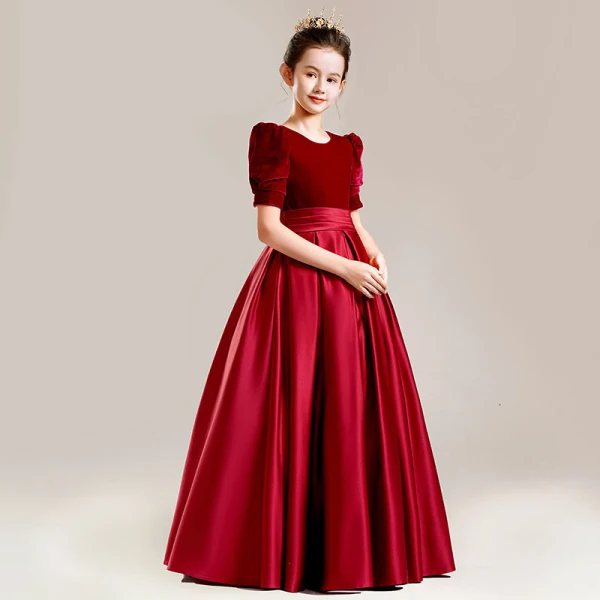 Elegant Black Suede Satin Birthday Flower Girl Dresses 2022 Ball Gown Scoop Neck Short Sleeve Sash Floor-Length / Long Flower Girl Dresses