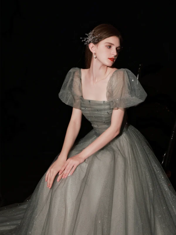 Chic / Beautiful Glitter Sage Green Prom Dresses 2022 A-Line / Princess Strapless Puffy Short Sleeve Backless Floor-Length / Long Prom Formal Dresses