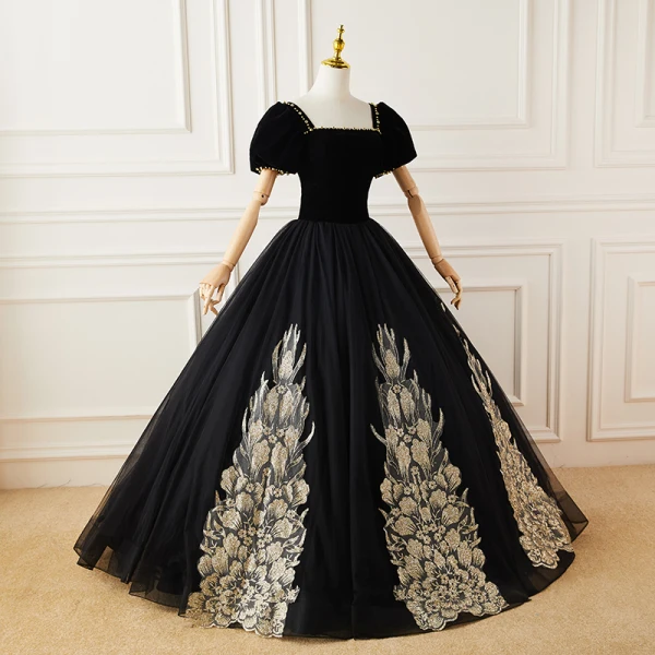 Elegant Black Suede Prom Dresses 2022 Ball Gown Square Neckline Puffy Short Sleeve Appliques Backless Floor-Length / Long Formal Dresses