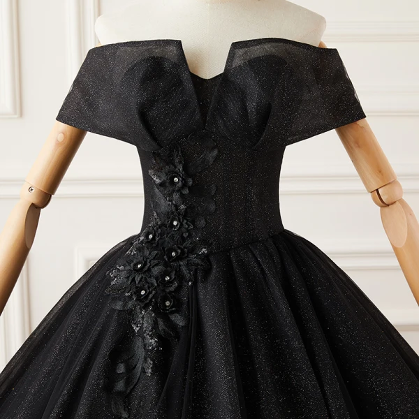 Élégant Noire Glitter Robe De Bal 2022 Robe Boule De l'épaule Faux Diamant Paillettes En Dentelle Fleur Manches Courtes Dos Nu Longue Robe De Bal