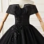 Élégant Noire Glitter Robe De Bal 2022 Robe Boule De l'épaule Faux Diamant Paillettes En Dentelle Fleur Manches Courtes Dos Nu Longue Robe De Bal