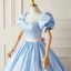 Lovely Sky Blue Satin Pleated Prom Dresses 2022 Ball Gown Strapless Puffy Short Sleeve Backless Bow Floor-Length / Long Formal Dresses