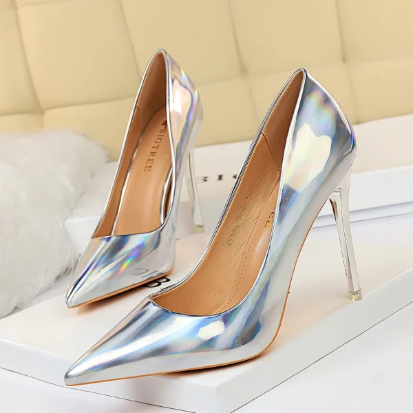 Unusual Black Metal Patent Leather Cocktail Party Pumps 2022 10 cm Stiletto Heels Pointed Toe Pumps High Heels