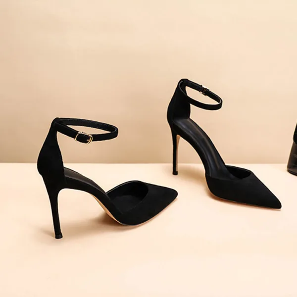 Fashion Black Street Wear Womens Sandals 2021 Leather Ankle Strap 10 cm Stiletto Heels Pointed Toe Sandals High Heels