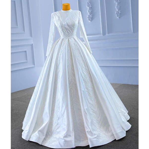 Muslim Elegant White Satin Wedding Dresses 2022 Ball Gown High Neck Handmade  Beading Pearl Lace Flower Long Sleeve Floor-Length / Long Wedding