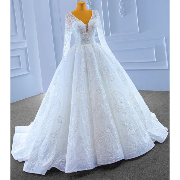 Haut de Gamme Blanche Perlage Paillettes Robe De Mariée 2022 Robe Boule V-Cou Manches Longues Dos Nu Longue Mariage