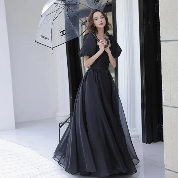 Modest Simple Black Prom Dresses 2022 A-Line Princess Off-The-Shoulder Short Sleeve Long
