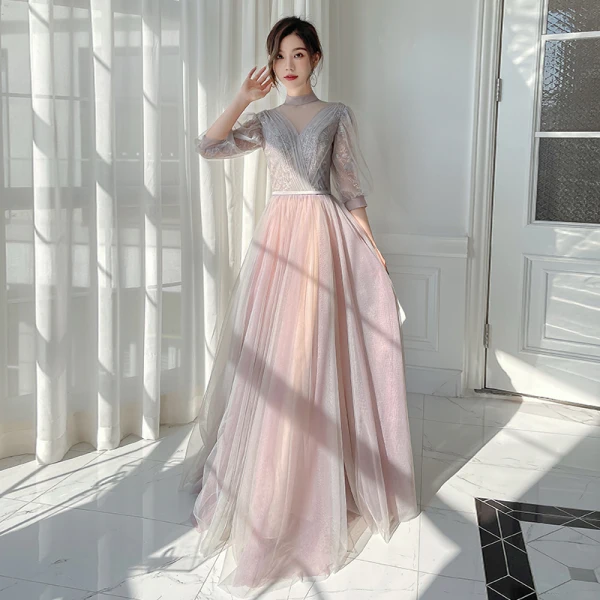 Chic / Belle Rougissant Rose Robe Demoiselle D'honneur 2022 Princesse Encolure Dégagée Paillettes Gonflée Manches Courtes Dos Nu Longue Robe Demoiselle D'honneur