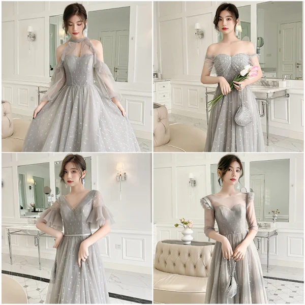 Modest / Simple Grey Bridesmaid Dresses 2022 A-Line / Princess Scoop Neck Short Sleeve Backless Floor-Length / Long Bridesmaid Dresses