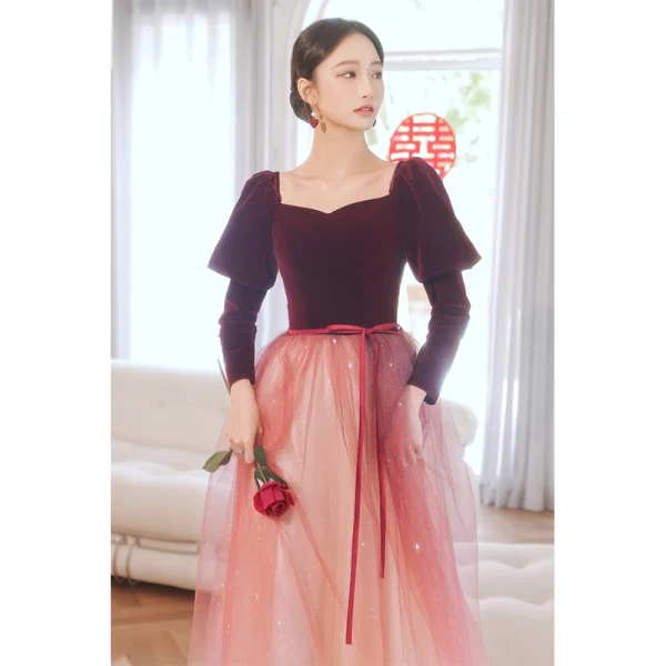 Elegant Burgundy Suede Winter Prom Dresses 2022 A-Line / Princess Square Neckline Long Sleeve Backless Sash Bow Floor-Length / Long Formal Dresses