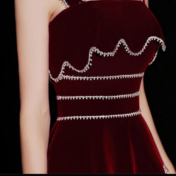 Charming Burgundy Suede Prom Dresses 2022 A-Line / Princess Square Neckline Sleeveless Pearl Rhinestone Backless Floor-Length / Long Formal Dresses