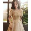 Chic / Belle Champagne Perlage Paillettes Robe De Bal 2022 Princesse Encolure Carrée Manches Courtes Dos Nu Longue Robe De Ceremonie