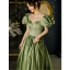 Elegant Olive Green Satin Prom Dresses 2022 A-Line / Princess Scoop Neck Puffy Short Sleeve Floor-Length / Long Formal Dresses