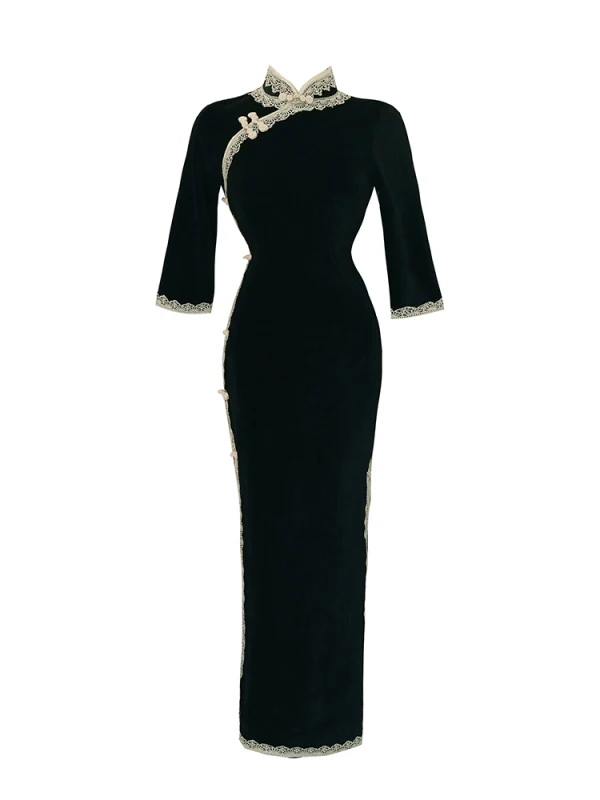 Vintage / Retro Chinese style Black Evening Party Cheongsam 2022 Trumpet / Mermaid High Neck 1/2 Sleeves Lace Flower Split Front Tea-length Cheongsam / Qipao