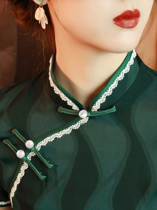 Vintage / Retro Cheongsam 2022 Trumpet / Mermaid High Neck Short Sleeve Split Front Tea-length Evening Party Cheongsam / Qipao Dark Green