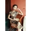 Chiński Styl Vintage Szampan Druk Cheongsam 2022 Syrena / Rozkloszowane Wysokiej Szyi Kótkie Rękawy Podział Przodu Długość Herbaty Wieczorowe Cheongsam