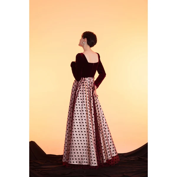 Elegant Suede Velour Black Heart-shaped Burgundy Winter Prom Dresses 2022 A-Line / Princess Square Neckline Long Sleeve Backless Floor-Length / Long Formal Dresses