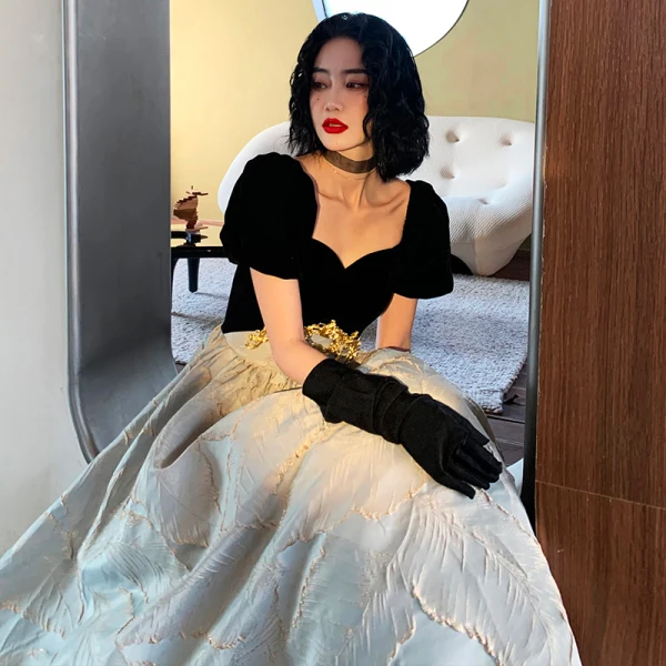 Fashion Black Prom Dresses 2022 A-Line / Princess Off-The-Shoulder Puffy Short Sleeve Backless Embroidered Floor-Length / Long Formal Dresses