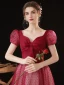 Elegant Burgundy Spotted Prom Dresses 2022 A-Line / Princess Square Neckline Puffy Short Sleeve Bow Backless Floor-Length / Long Formal Dresses