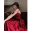 Chic / Beautiful Burgundy Prom Dresses 2022 A-Line / Princess Strapless Bow Sleeveless Backless Sweep Train Satin Prom Formal Dresses