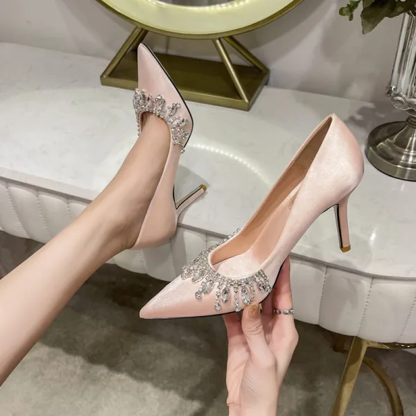 Charming Ivory Satin Rhinestone Wedding Shoes 2022 9 cm Stiletto Heels Pointed Toe Wedding Pumps High Heels