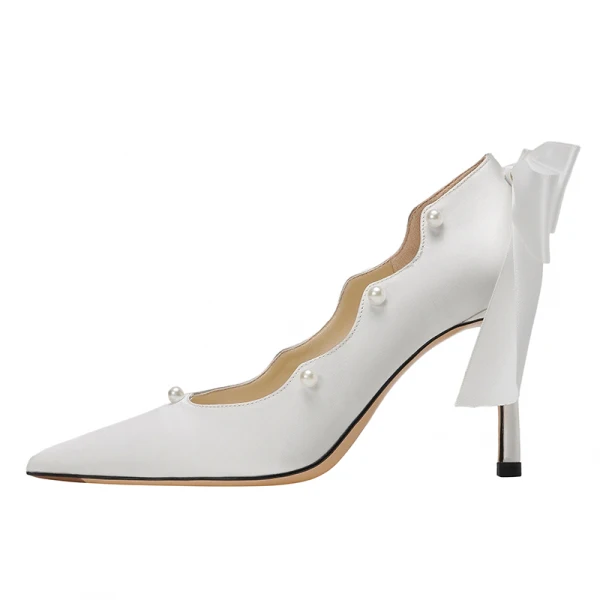 Eleganta Elfenben Pärla Rosett Brudskor 2022 Läder 8 cm Stilettklackar Spetsiga Bröllop Pumps Högklackade