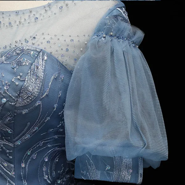 Chic / Belle Bleu Perlage En Dentelle Paillettes Robe De Bal 2021 Robe Boule Encolure Dégagée Manches Courtes Dos Nu Longue Robe De Ceremonie