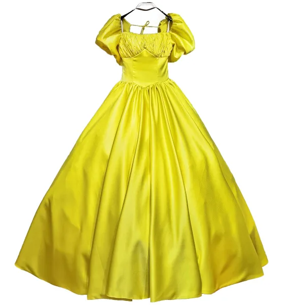 Vintage / Retro Ball Gown Green Satin Prom Dresses 2021 Square Neckline Short Sleeve Backless Floor-Length / Long Formal Dresses