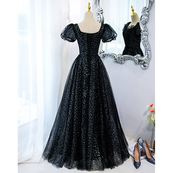 Charmant Noire Glitter Perlage Paillettes Robe De Bal 2022 Princesse Encolure Carrée Manches Courtes Dos Nu Longue Robe De Ceremonie
