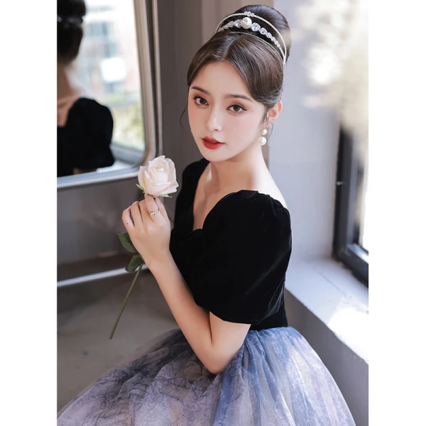 Elegant Black Prom Dresses 2022 A-Line / Princess Square Neckline Short Sleeve Backless Floor-Length / Long Prom Formal Dresses