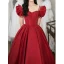 Elegant Burgundy Satin Prom Dresses 2022 A-Line / Princess Square Neckline Puffy Short Sleeve Backless Pearl Rhinestone Floor-Length / Long Prom Formal Dresses