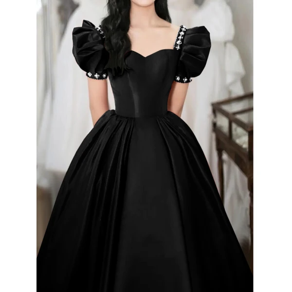 Elegant Black Satin Prom Dresses 2022 A-Line / Princess Square Neckline Puffy Short Sleeve Pearl Rhinestone Backless Floor-Length / Long Formal Dresses