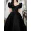 Elegant Black Satin Prom Dresses 2022 A-Line / Princess Square Neckline Puffy Short Sleeve Pearl Rhinestone Backless Floor-Length / Long Formal Dresses