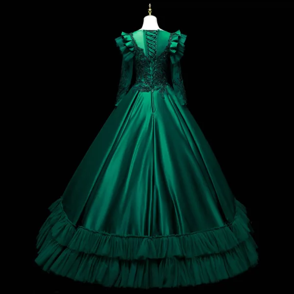 Vintage / Retro Dark Green Satin Prom Dresses 2021 Ball Gown Scoop Neck Beading Sequins Lace Flower Long Sleeve Backless Floor-Length / Long Formal Dresses