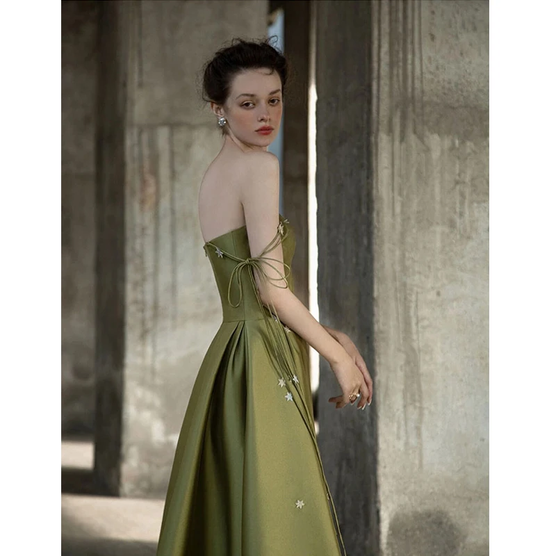 knee length dresses for ladies Olive Green Satin Formal Dress A-Line Square Neck Prom Dresses 21645 Custom Colors / US10 main image 1