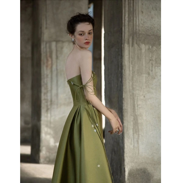 Vintage Retro Olive Green Satin Evening Dresses 2022 A-Line Princess Off-The-Shoulder