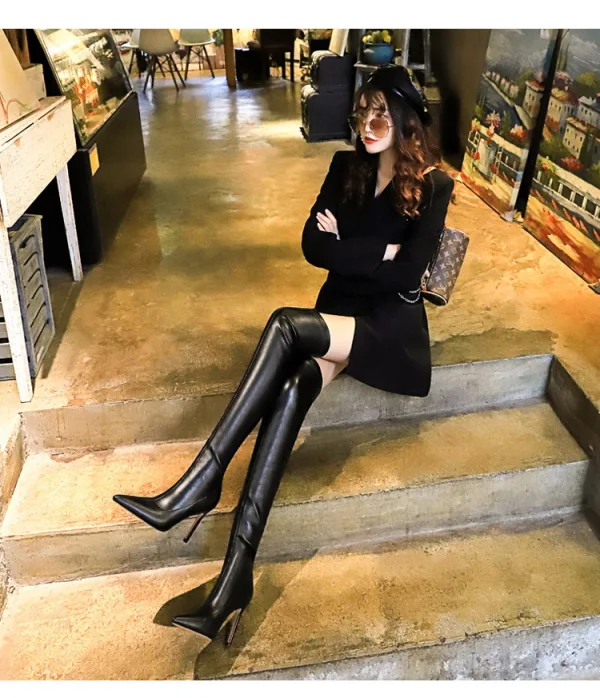 Fashion Black Street Wear Womens Boots 2022 9 cm Stiletto Heels Pointed Toe High Heels Boots