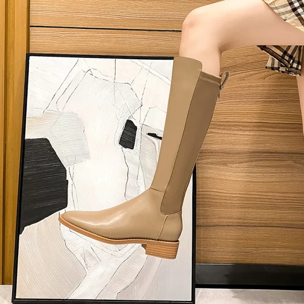 Moda Khaki Zużycie ulicy Zima Kozaki Damskie 2022 Płaskie Okrągłe Toe Boots