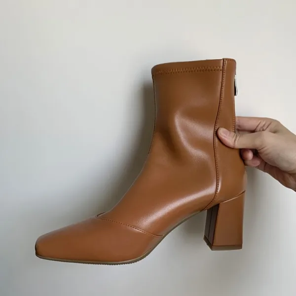 Vintage Brun Gateklær Vinter Boots Dame 2022 6 cm Tykk Hæler Firkantetå Boots