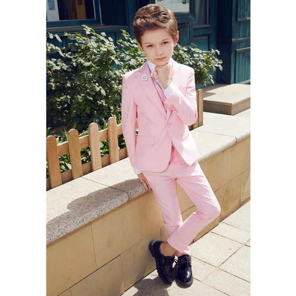Fashion Candy Pink Bow Long Sleeve Boys Wedding Suits 2022 Coat Pants Shirt Tie Vest