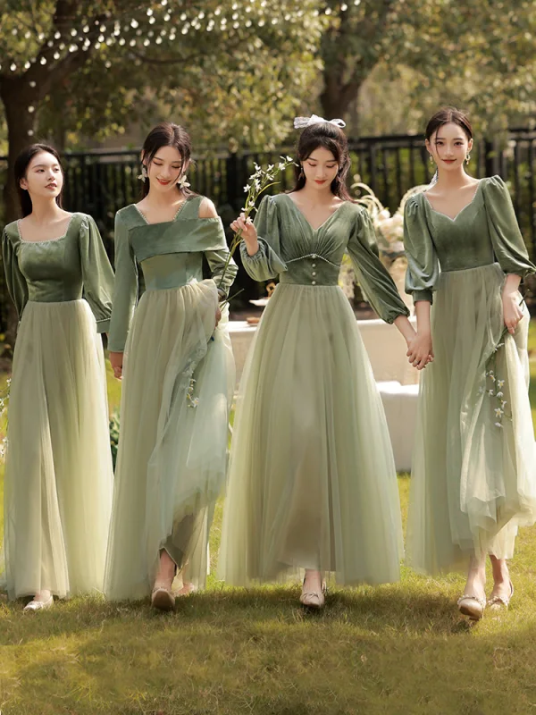 Modest / Simple Olive Green Velour Bridesmaid Dresses 2022 Bridesmaid A-Line / Princess Square Neckline 3/4 Sleeve Backless Floor-Length / Long Wedding Party Dresses