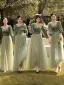 Modest / Simple Olive Green Velour Bridesmaid Dresses 2022 Bridesmaid A-Line / Princess Square Neckline 3/4 Sleeve Backless Floor-Length / Long Wedding Party Dresses