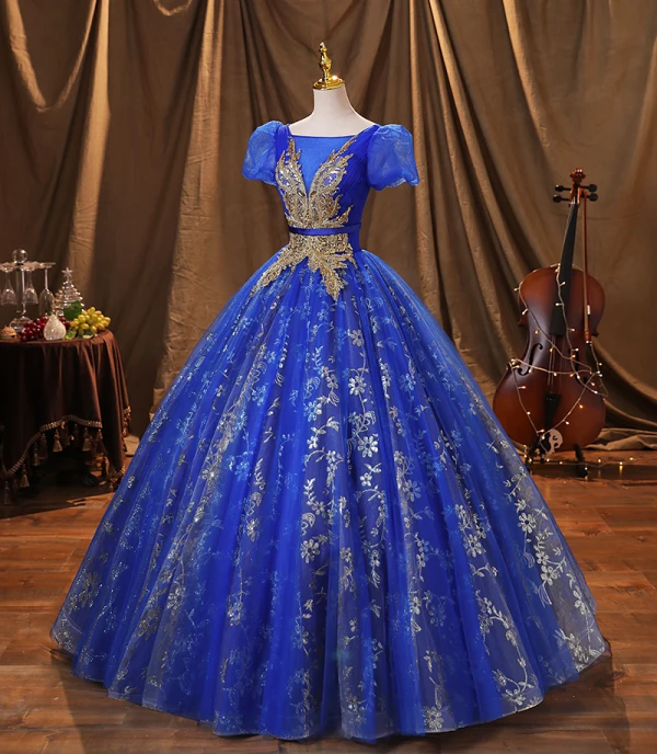 Vintage / Retro Royal Blue Beading Glitter Sequins Prom Dresses 2022 Ball Gown Square Neckline Puffy Short Sleeve Backless Floor-Length / Long Formal Dresses