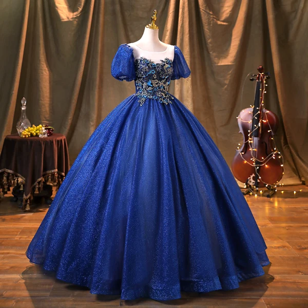 Vintage / Retro Royal Blue Glitter Prom Dresses 2022 Ball Gown Scoop Neck Beading Lace Flower Puffy Short Sleeve Backless Floor-Length / Long Formal Dresses