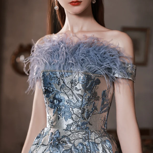 Charming Sky Blue Printing Prom Dresses 2022 A-Line / Princess Tassel Off-The-Shoulder Rhinestone Sequins Short Sleeve Backless Floor-Length / Long Formal Dresses