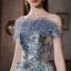 Charming Sky Blue Printing Prom Dresses 2022 A-Line / Princess Tassel Off-The-Shoulder Rhinestone Sequins Short Sleeve Backless Floor-Length / Long Formal Dresses