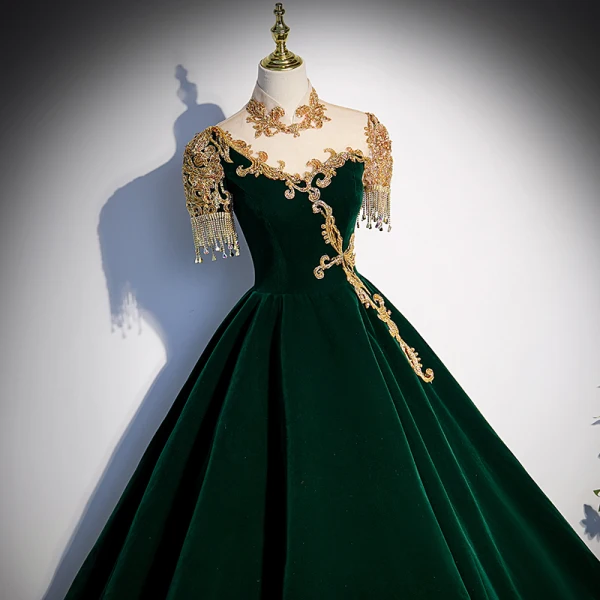 Chinese style Dark Green Suede Prom Dresses 2022 High Neck Beading Sequins Short Sleeve Rhinestone Tassel Floor-Length / Long Formal Dresses